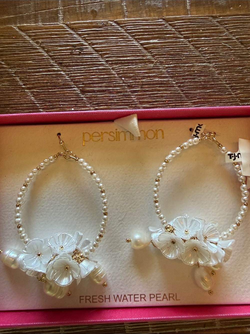 Persimmon Freshwater Pearl Floral Hoop Earrings - White Floral
